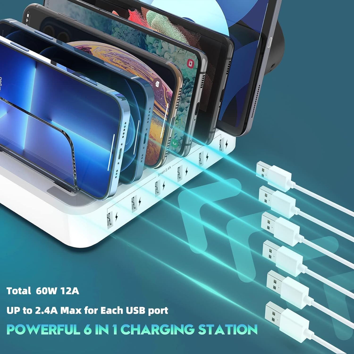 Multi-Device Charging Station 60W Output and Adjustable Dividers, Earbud Watch Holder Zanny Home