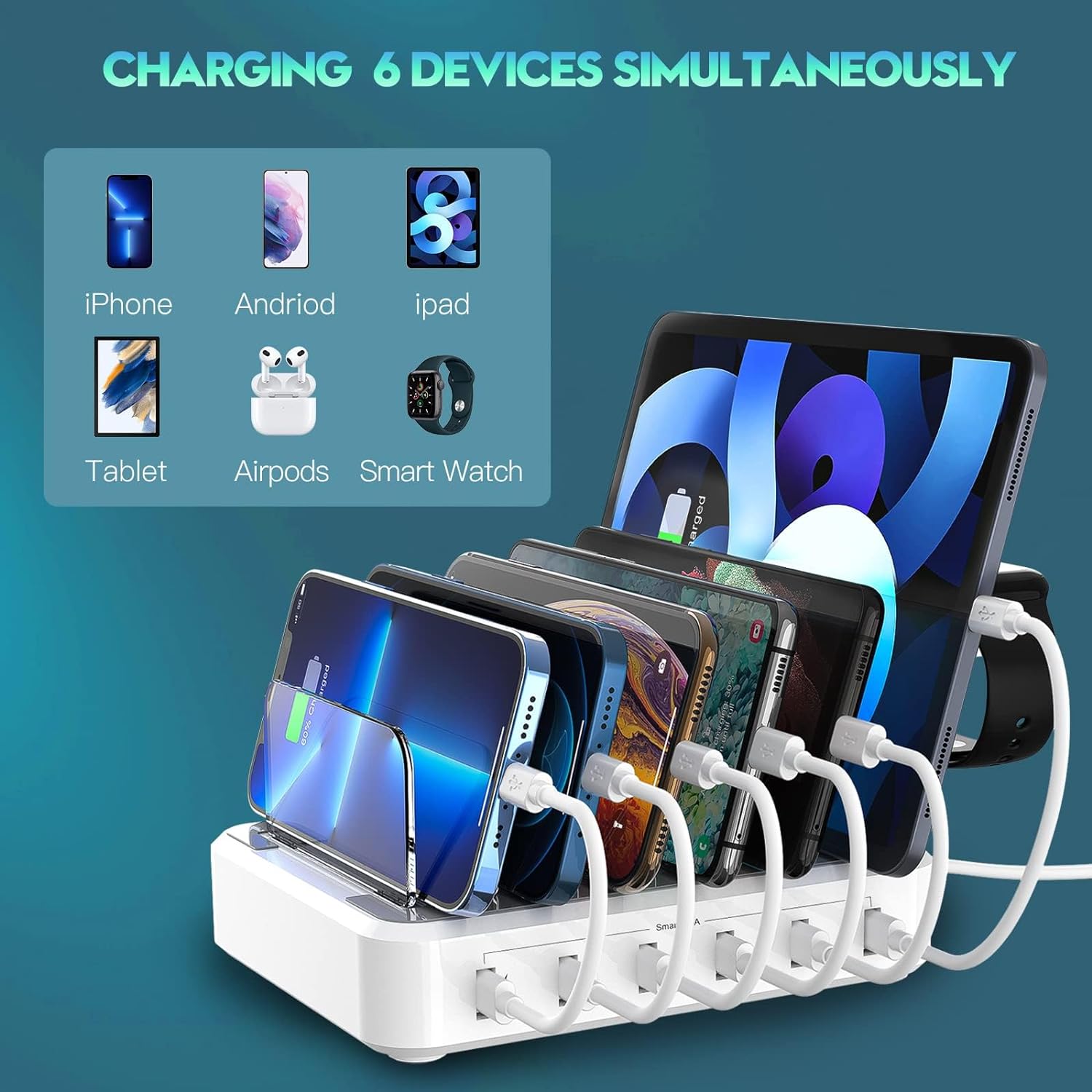 Multi-Device Charging Station 60W Output and Adjustable Dividers, Earbud Watch Holder Zanny Home