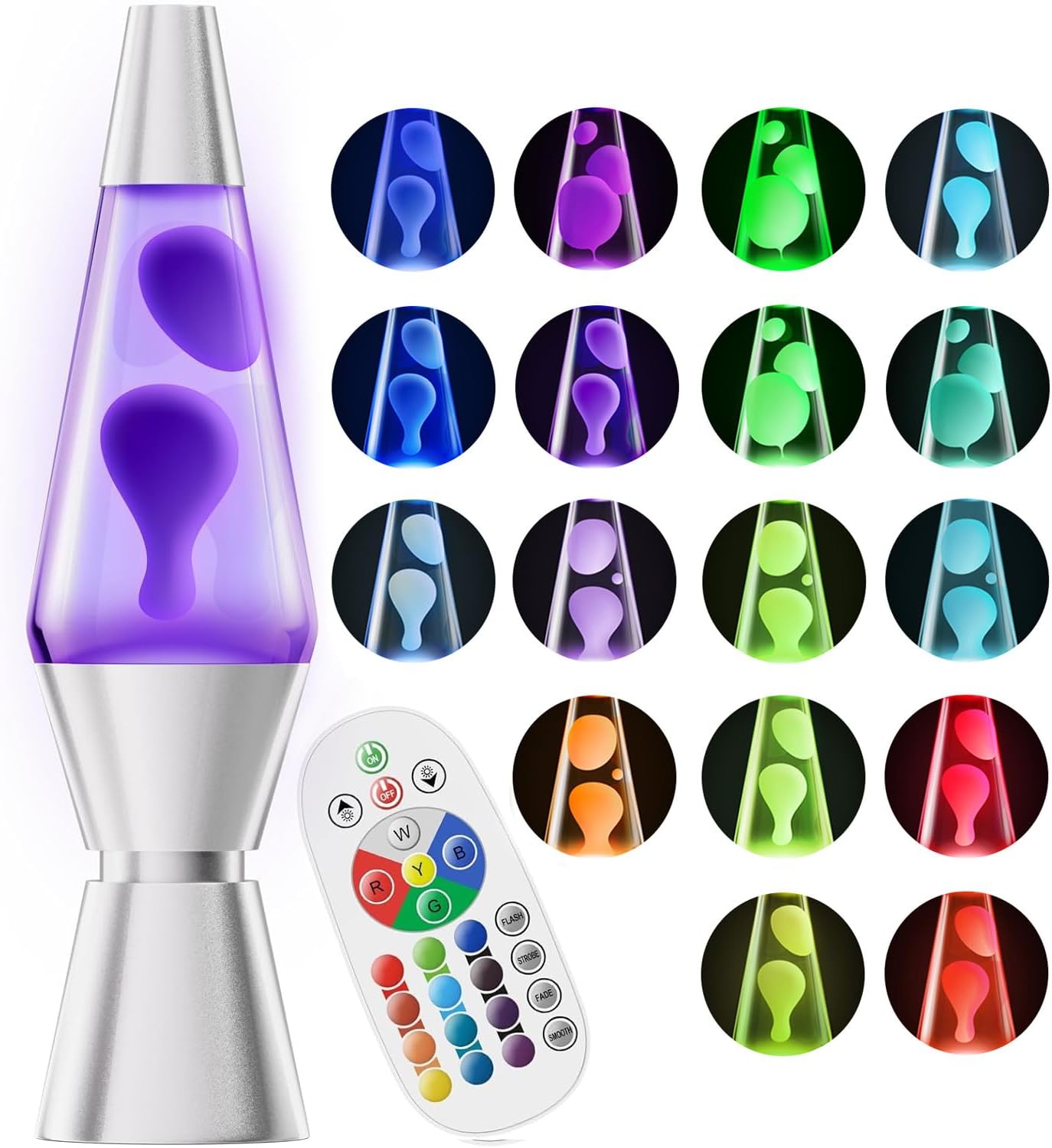 Color Changing Lava Lamp with 17 RGBW LED Colors and Remote, 14.5in Metallic Base Zanny Home