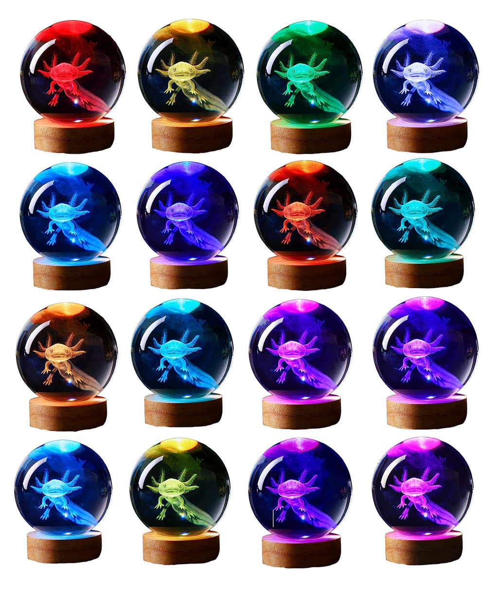 Axolotl 3D Crystal Lamp with Wooden Base and 16-Color LED, USB Powered Zanny Home