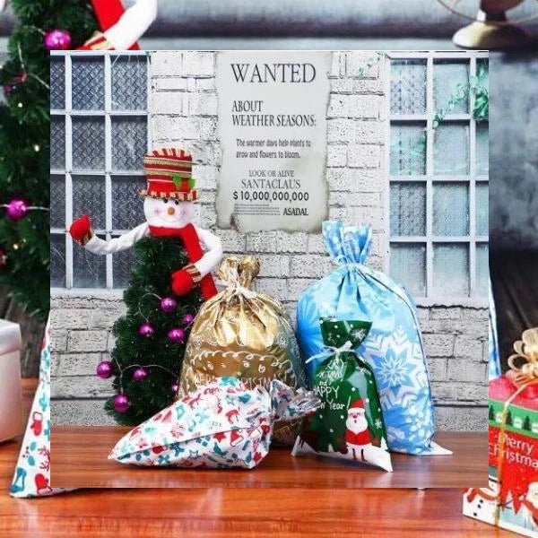 Christmas Drawstring Gift Bags with Integrated Ribbon and Assorted Sizes, 15-Pack Zanny Home