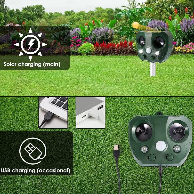 Solar Bird Deterrent with Ultrasonic Pulses and LED Flashes, USB Rechargeable, 30ft Range Zanny Home