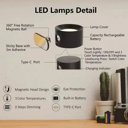 Rechargeable Magnetic Wall Light with 360° Pivot and Touch Controls, USB Type-C Charging Zanny Home