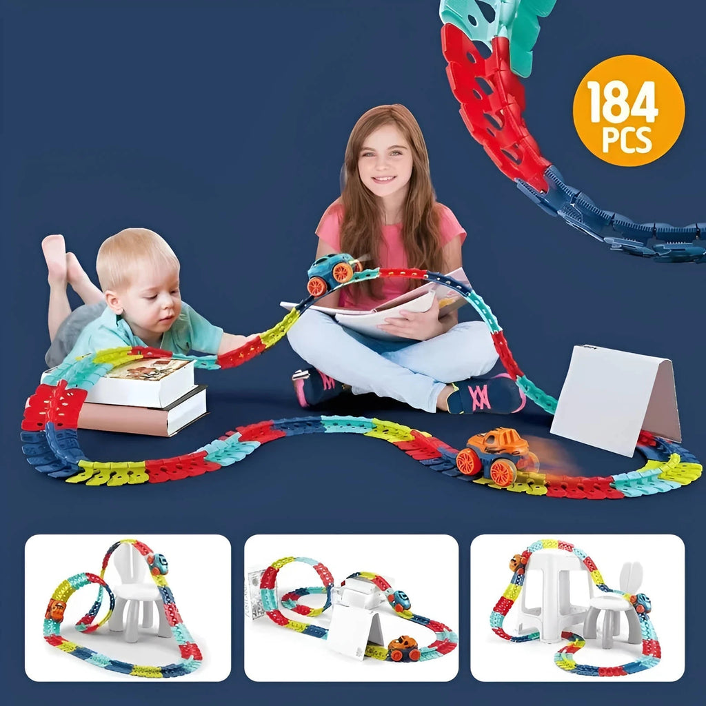 Glow In The Dark Race Track with LED Lights and Anti-Tip Car, Modular Snap-Together Set Zanny Home