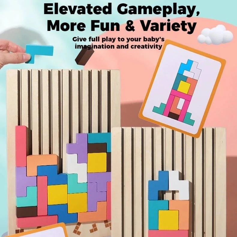 Wooden Puzzle Set with 42 Blocks and 10 Illustrated Cards, Foldout Stand, Storage Tray Zanny Home
