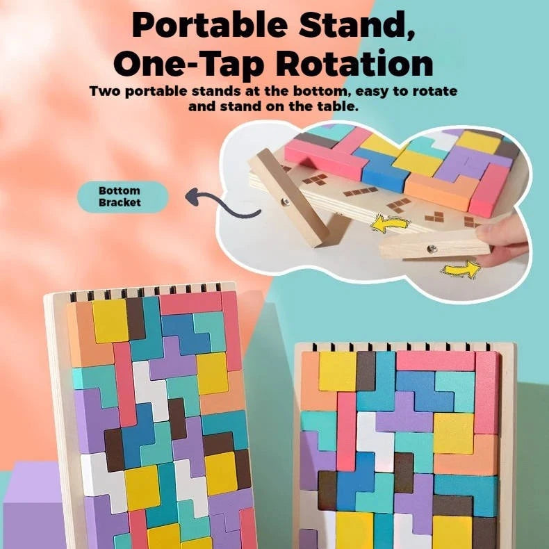 Wooden Puzzle Set with 42 Blocks and 10 Illustrated Cards, Foldout Stand, Storage Tray Zanny Home