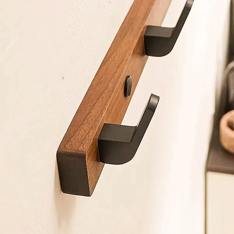 Wall-Mounted Coat Rack with Solid Wood Rail and Powder-Coated Metal Hooks, Matte Black Zanny Home