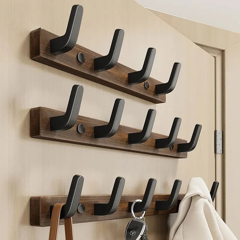 Wall-Mounted Coat Rack with Solid Wood Rail and Powder-Coated Metal Hooks, Matte Black Zanny Home