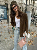 Women's Suede Jacket with Tailored Lapel and Smart Pockets, Lightweight Insulation Zanny Home