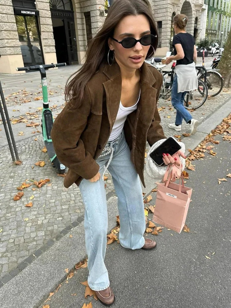 Women's Suede Jacket with Tailored Lapel and Smart Pockets, Lightweight Insulation Zanny Home