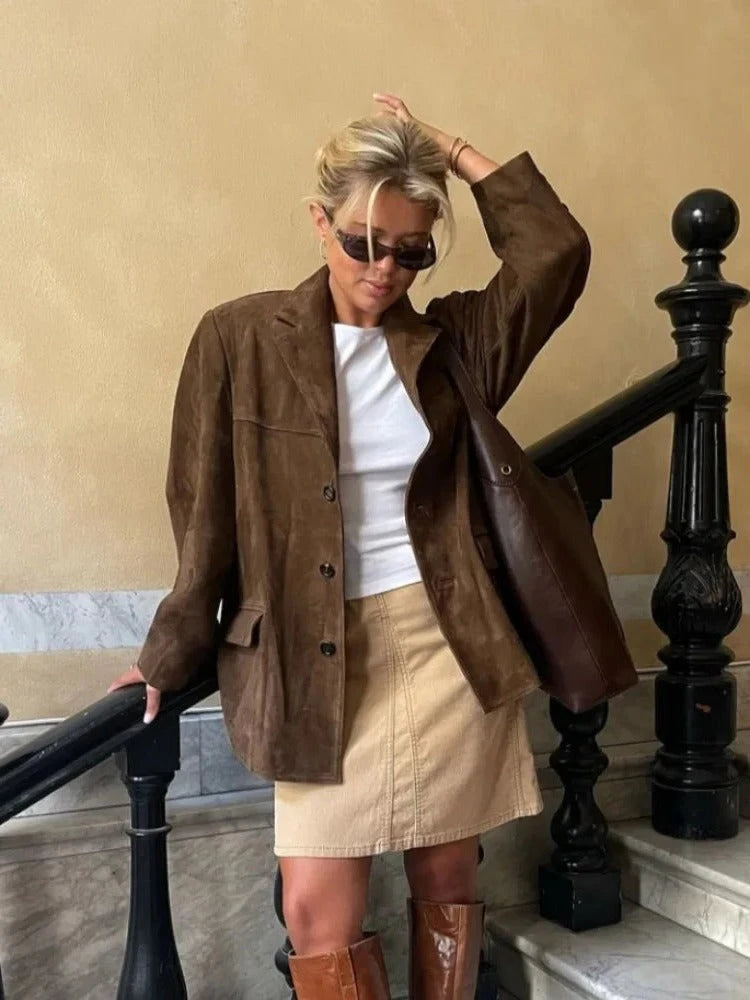 Women's Suede Jacket with Tailored Lapel and Smart Pockets, Lightweight Insulation Zanny Home