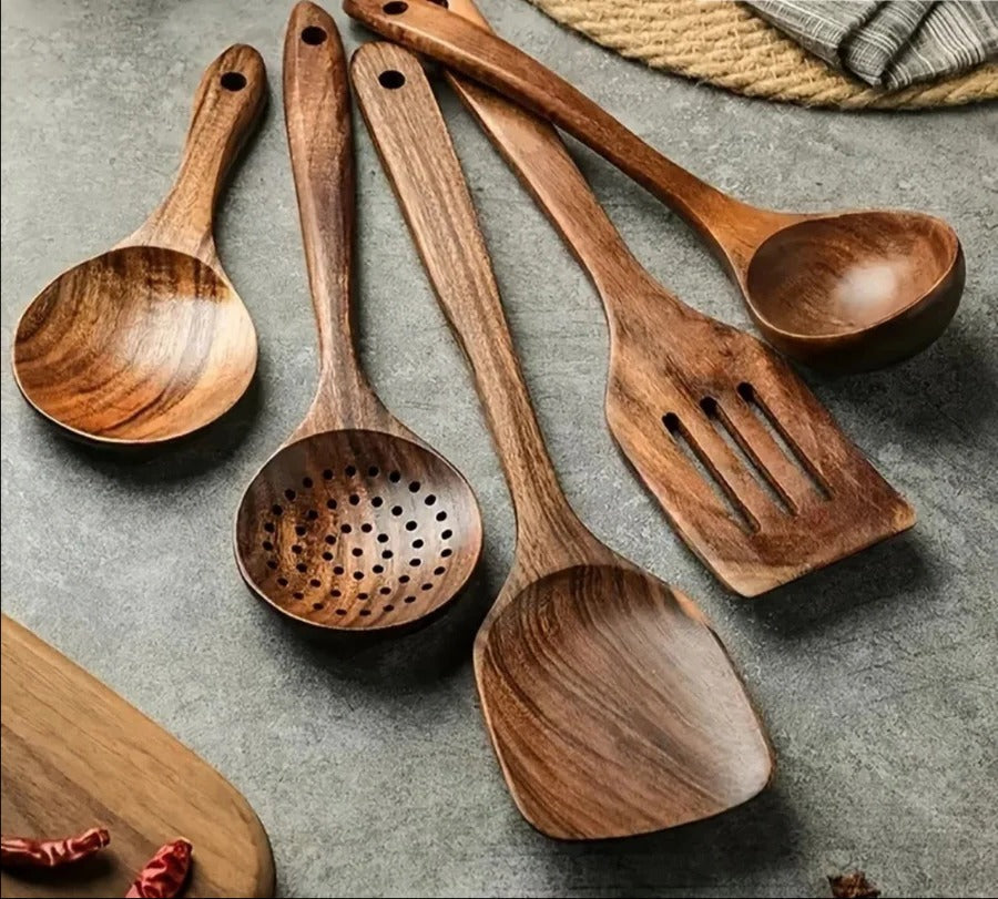 Teak Wood Utensil Set with Polished Food-Safe Finish and Ergonomic Handles, 4-Piece Zanny Home