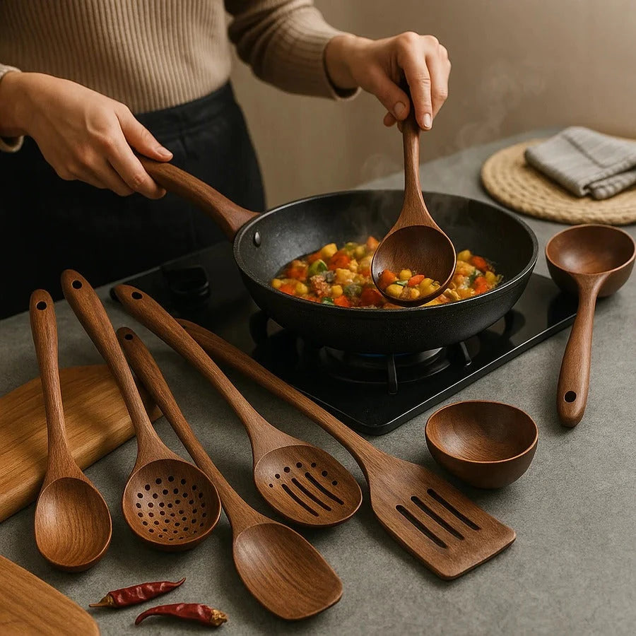 Teak Wood Utensil Set with Polished Food-Safe Finish and Ergonomic Handles, 4-Piece Zanny Home