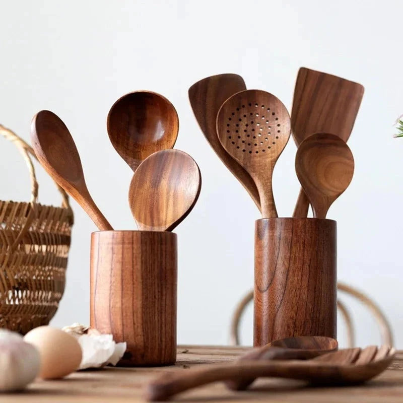 Teak Wood Utensil Set with Polished Food-Safe Finish and Ergonomic Handles, 4-Piece Zanny Home
