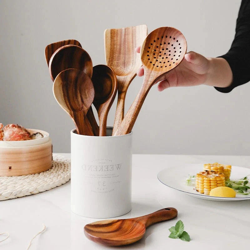 Teak Wood Utensil Set with Polished Food-Safe Finish and Ergonomic Handles, 4-Piece Zanny Home