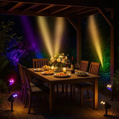 Solar Spotlight with Adjustable Zoom Lens and RGB Plus Warm White LEDs, Weatherproof Zanny Home