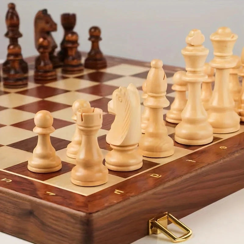 Solid Wood Chess Board with 34 Pieces and Felt Pads, Compact 15.7 in Zanny Home