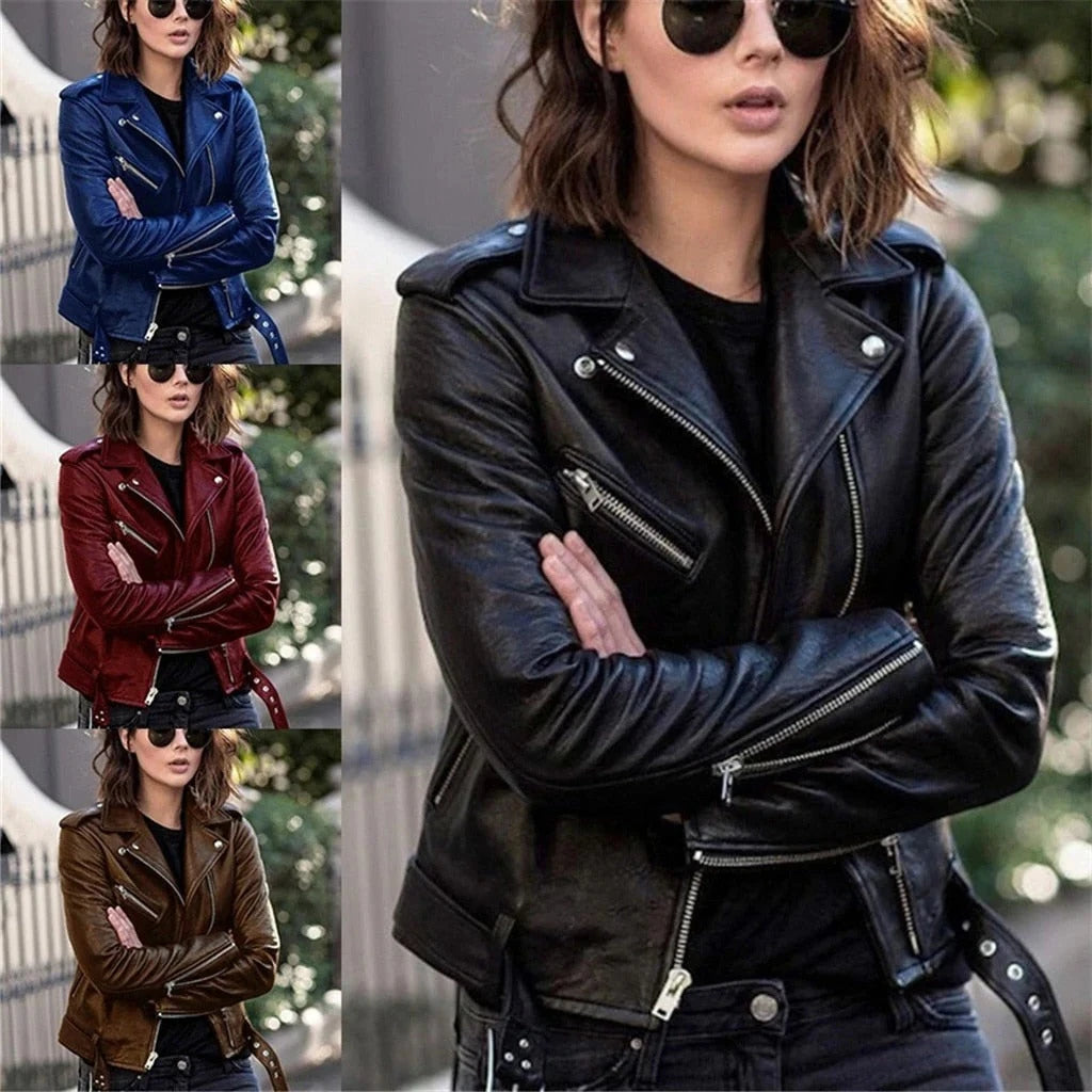Leather Biker Jacket with Asymmetrical Zip and Wide Snap Collar, Top-Grain Leather Zanny Home
