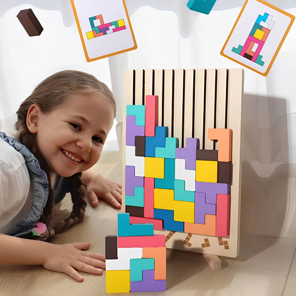 Wooden Puzzle Set with 42 Blocks and 10 Illustrated Cards, Foldout Stand, Storage Tray Zanny Home