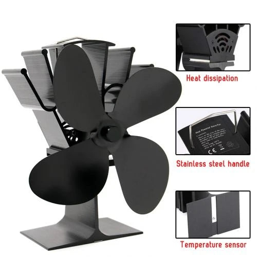 Wood Stove Fan with Heat-Powered Operation and Quiet 4-Blade Design, Anodized Aluminum Zanny Home