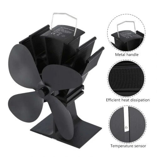 Wood Stove Fan with Heat-Powered Operation and Quiet 4-Blade Design, Anodized Aluminum Zanny Home