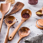 Teak Wood Utensil Set with 8 Pieces and Light Oil Finish, Handcrafted for Nonstick Cookware Zanny Home