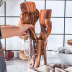 Teak Wood Utensil Set with 8 Pieces and Light Oil Finish, Handcrafted for Nonstick Cookware Zanny Home