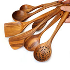 Teak Wood Utensil Set with 8 Pieces and Light Oil Finish, Handcrafted for Nonstick Cookware Zanny Home