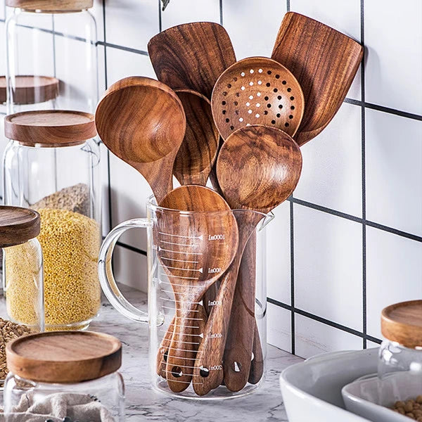 Teak Wood Utensil Set with 8 Pieces and Light Oil Finish, Handcrafted for Nonstick Cookware Zanny Home