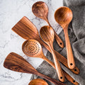 Teak Wood Utensil Set with 8 Pieces and Light Oil Finish, Handcrafted for Nonstick Cookware Zanny Home