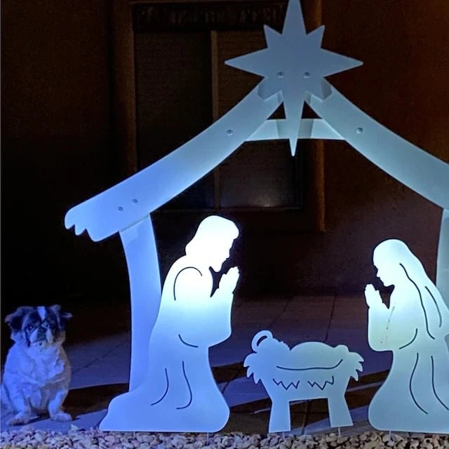 Outdoor Nativity Set with Weather-Resistant PVC and One-Person Assembly, Four-Piece Manger Zanny Home