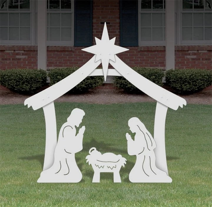 Outdoor Nativity Set with Weather-Resistant PVC and One-Person Assembly, Four-Piece Manger Zanny Home