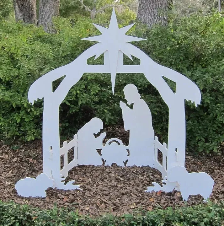 Outdoor Nativity Set with Weather-Resistant PVC and One-Person Assembly, Four-Piece Manger Zanny Home
